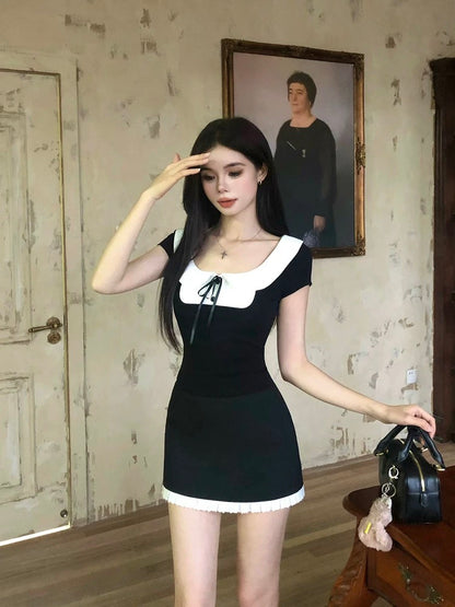 Illustration of WAHJU Holiday Daughter New Design Bow Top Women's Summer Contrast Color Splicing Slim Skirt