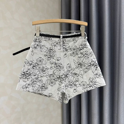 2025 summer new jacquard denim shorts women's Korean version high waist fashionable and versatile loose and slim a-line hot pants ins