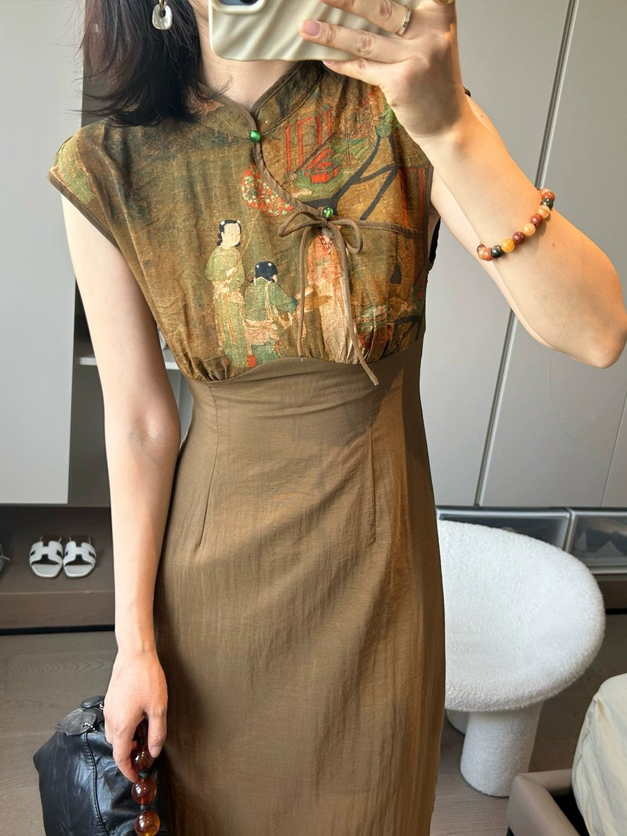 2024 summer new style new Chinese style cheongsam retro print stitching side slit waist slimming long skirt