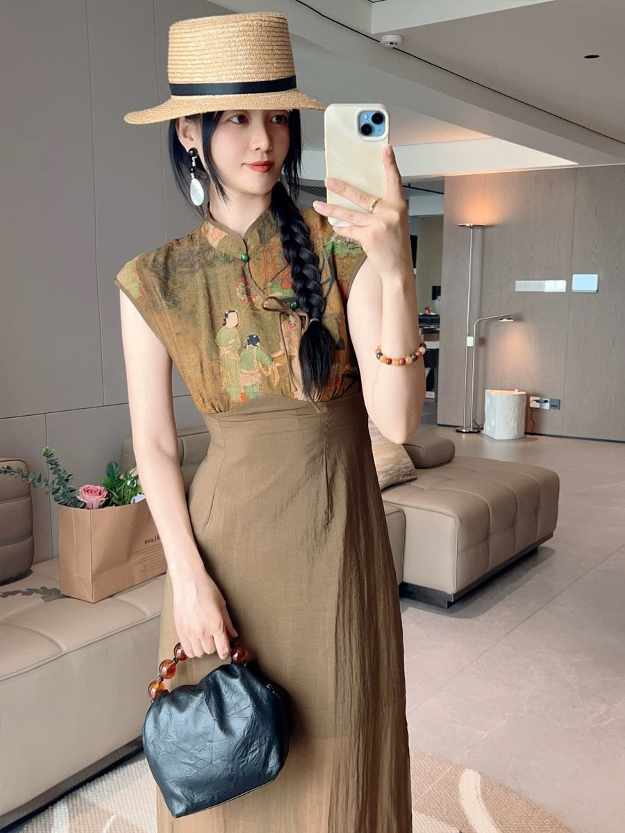 2024 summer new style new Chinese style cheongsam retro print stitching side slit waist slimming long skirt