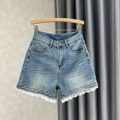 Retro beaded fashion high waist slim denim shorts for women 2025 summer new lace stitching wide leg shorts