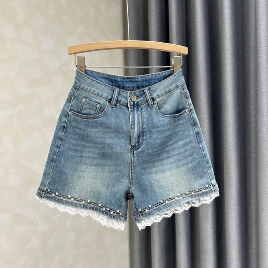 Retro beaded fashion high waist slim denim shorts for women 2025 summer new lace stitching wide leg shorts
