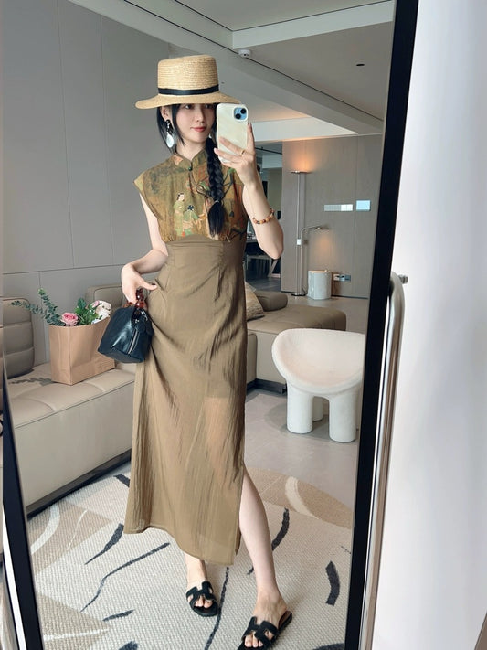 2024 summer new style new Chinese style cheongsam retro print stitching side slit waist slimming long skirt