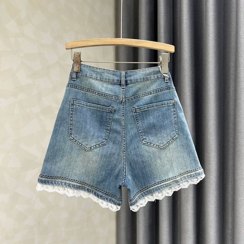 Retro beaded fashion high waist slim denim shorts for women 2025 summer new lace stitching wide leg shorts