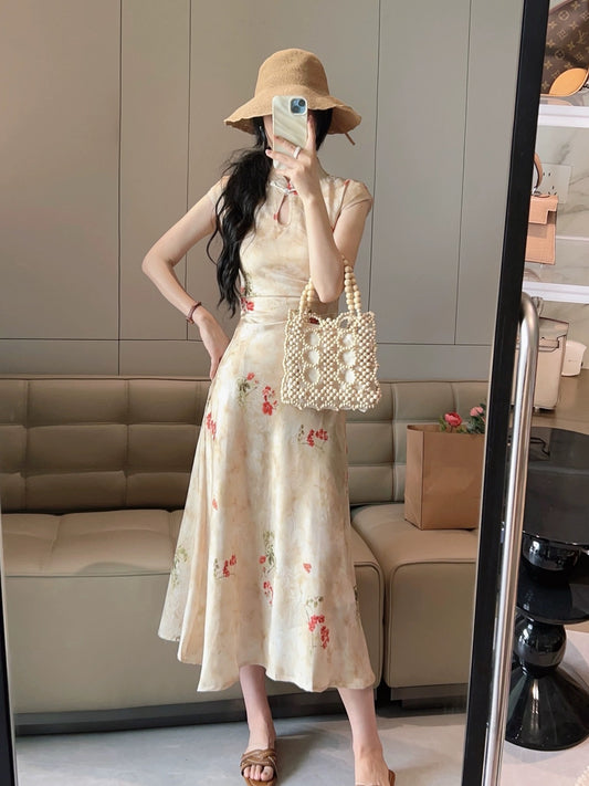 New Chinese style Chinese style floral disc button dress women's waist pleated summer improved cheongsam long skirt A-line hip skirt