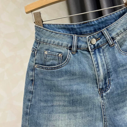 Retro beaded fashion high waist slim denim shorts for women 2025 summer new lace stitching wide leg shorts