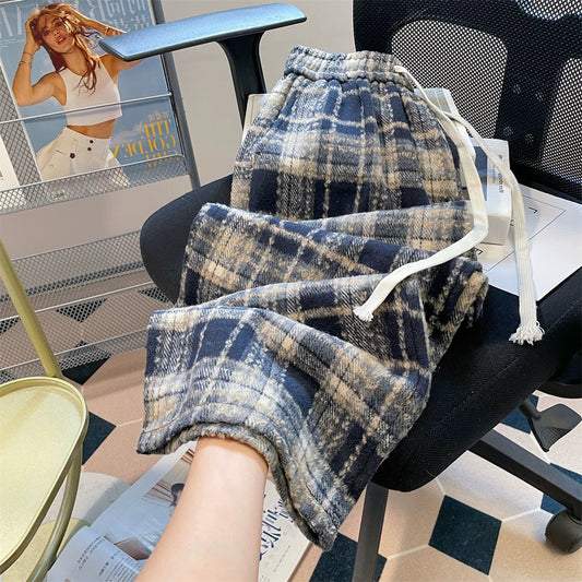 Autumn and winter velvet and thickened wool plaid straight trousers for men and women niche high-waisted casual floor-length narrow wide-leg trousers