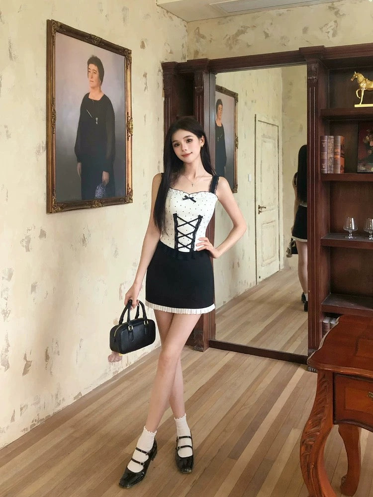 Drawing explanation WAHJU Date Day Temperament New Design Slim Fit Lace Splicing Polka Dot Top Women Summer