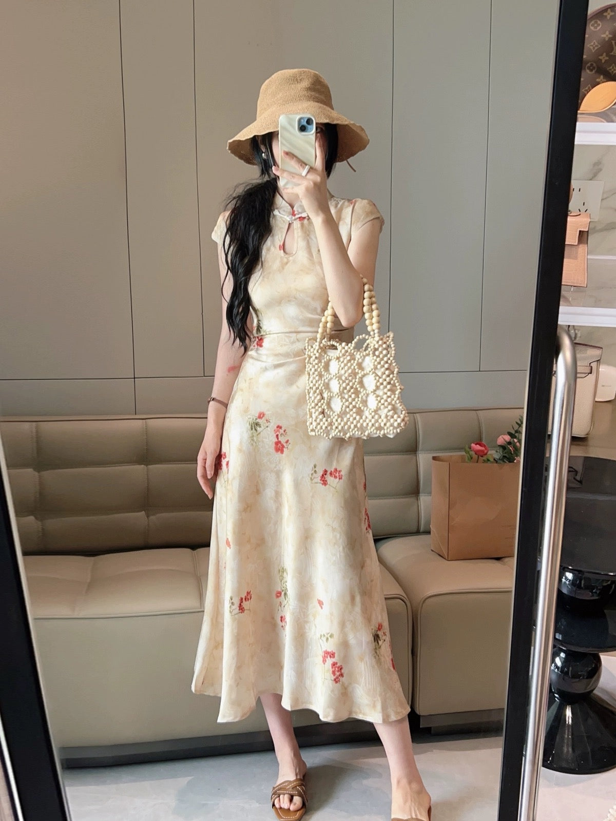 New Chinese style Chinese style floral disc button dress women's waist pleated summer improved cheongsam long skirt A-line hip skirt