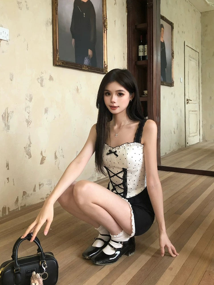Drawing explanation WAHJU Date Day Temperament New Design Slim Fit Lace Splicing Polka Dot Top Women Summer