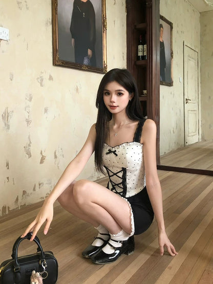 Drawing explanation WAHJU Date Day Temperament New Design Slim Fit Lace Splicing Polka Dot Top Women Summer