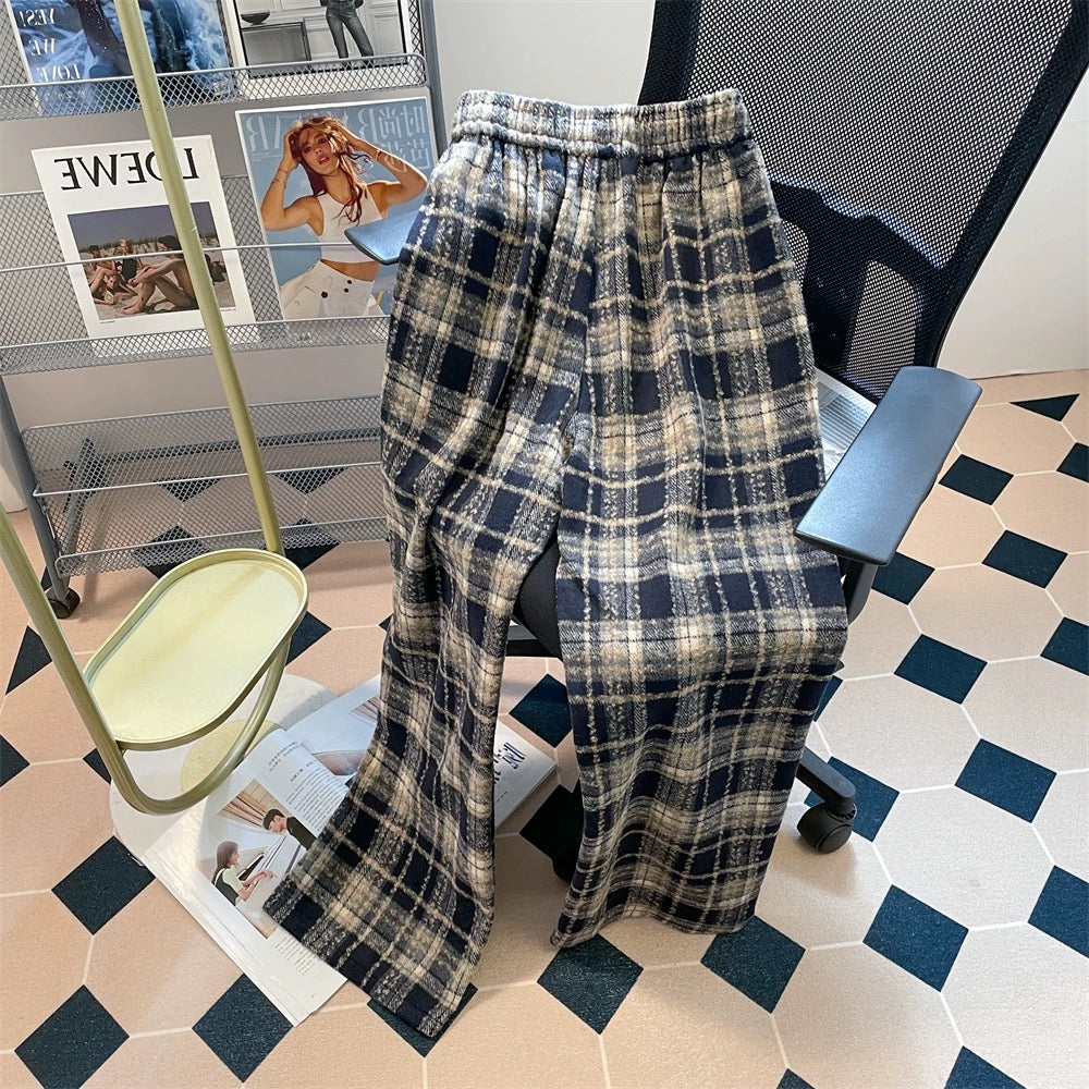 Autumn and winter velvet and thickened wool plaid straight trousers for men and women niche high-waisted casual floor-length narrow wide-leg trousers