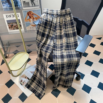 Autumn and winter velvet and thickened wool plaid straight trousers for men and women niche high-waisted casual floor-length narrow wide-leg trousers