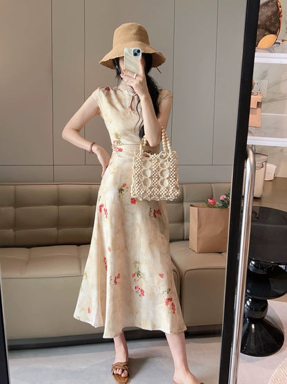 New Chinese style Chinese style floral disc button dress women's waist pleated summer improved cheongsam long skirt A-line hip skirt