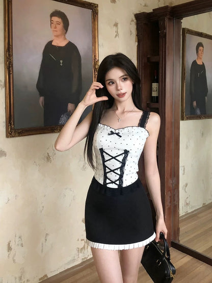Drawing explanation WAHJU Date Day Temperament New Design Slim Fit Lace Splicing Polka Dot Top Women Summer
