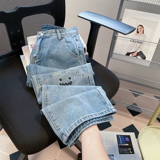 Design niche trendy brand jeans for women in autumn loose straight high-waisted dad pants slimming wide-leg floor-length trousers