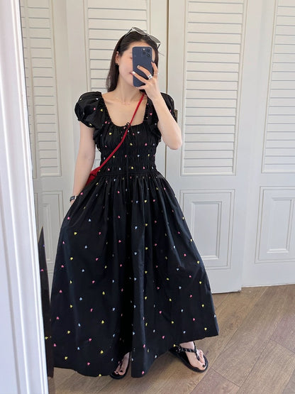 Jin Suyi Colorful Embroidered Waist Dress Women's 2024 Summer Slim Short Sleeve Puff Princess Dress Chic Skirt