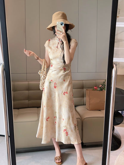 New Chinese style Chinese style floral disc button dress women's waist pleated summer improved cheongsam long skirt A-line hip skirt