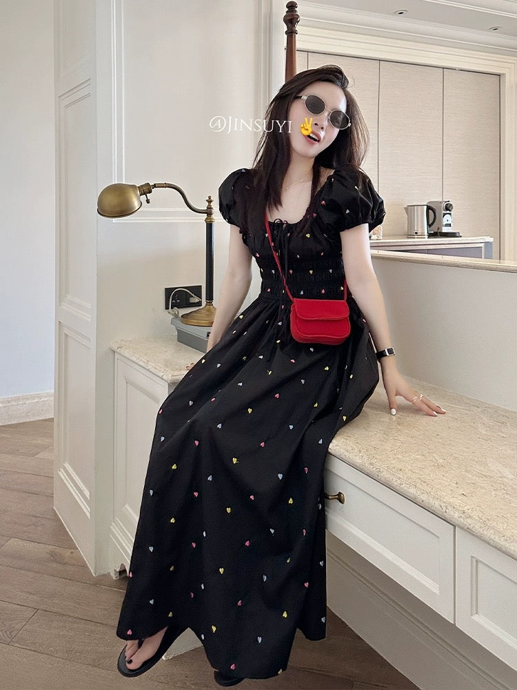 Jin Suyi Colorful Embroidered Waist Dress Women's 2024 Summer Slim Short Sleeve Puff Princess Dress Chic Skirt