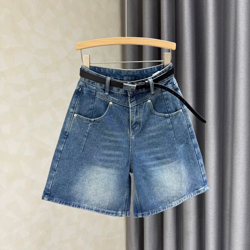 Blue Hong Kong style retro loose slim high waist denim shorts women 2025 summer new wide leg hot pants