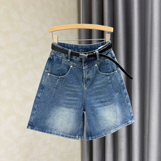 Blue Hong Kong style retro loose slim high waist denim shorts women 2025 summer new wide leg hot pants