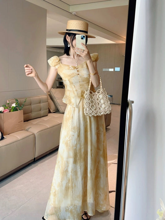French retro square collar yellow floral waist top and skirt suit for women summer new short-sleeved skirt