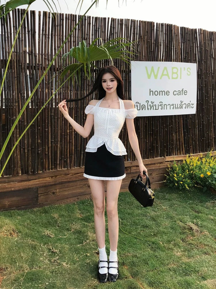 Illustration of WAHJU Freesia summer slim fit off-shoulder polka dot top chiffon splicing skirt for women