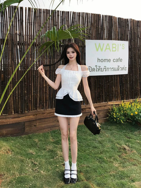 Illustration of WAHJU Freesia summer slim fit off-shoulder polka dot top chiffon splicing skirt for women