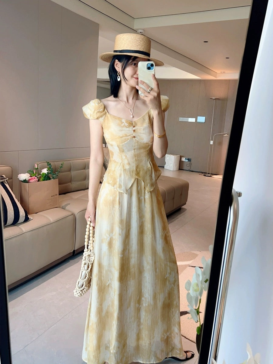 French retro square collar yellow floral waist top and skirt suit for women summer new short-sleeved skirt