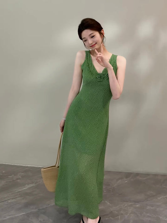 Songsong Summer New French Style 3D Floral Plaid Waist-cinching V-neck Sleeveless Elegant Slimming Long Dress DT2072