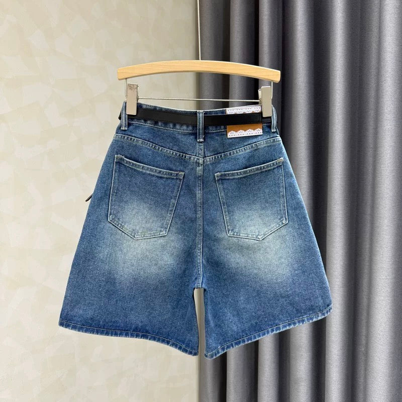 Blue Hong Kong style retro loose slim high waist denim shorts women 2025 summer new wide leg hot pants
