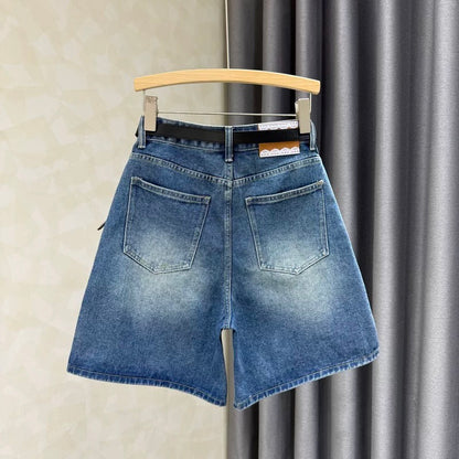 Blue Hong Kong style retro loose slim high waist denim shorts women 2025 summer new wide leg hot pants