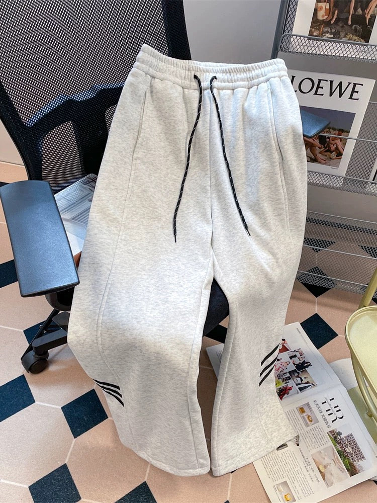 American gray cotton sports casual striped leggings sweatpants for women in autumn and winter loose straight plus velvet wide-leg trousers