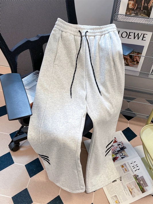 American gray cotton sports casual striped leggings sweatpants for women in autumn and winter loose straight plus velvet wide-leg trousers
