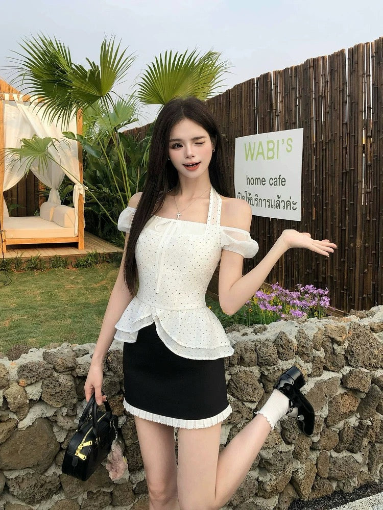 Illustration of WAHJU Freesia summer slim fit off-shoulder polka dot top chiffon splicing skirt for women