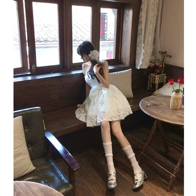 Ballet Style Lace Suspender Dress Women's Summer 2024 New Waist Birthday Dress Princess Puff Skirt