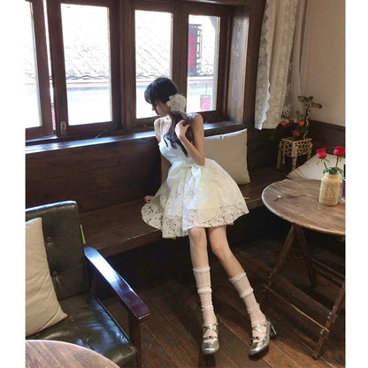 Ballet Style Lace Suspender Dress Women's Summer 2024 New Waist Birthday Dress Princess Puff Skirt