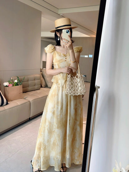 French retro square collar yellow floral waist top and skirt suit for women summer new short-sleeved skirt