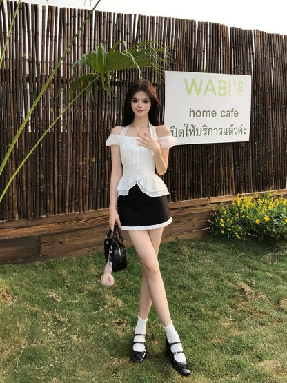 Illustration of WAHJU Freesia summer slim fit off-shoulder polka dot top chiffon splicing skirt for women