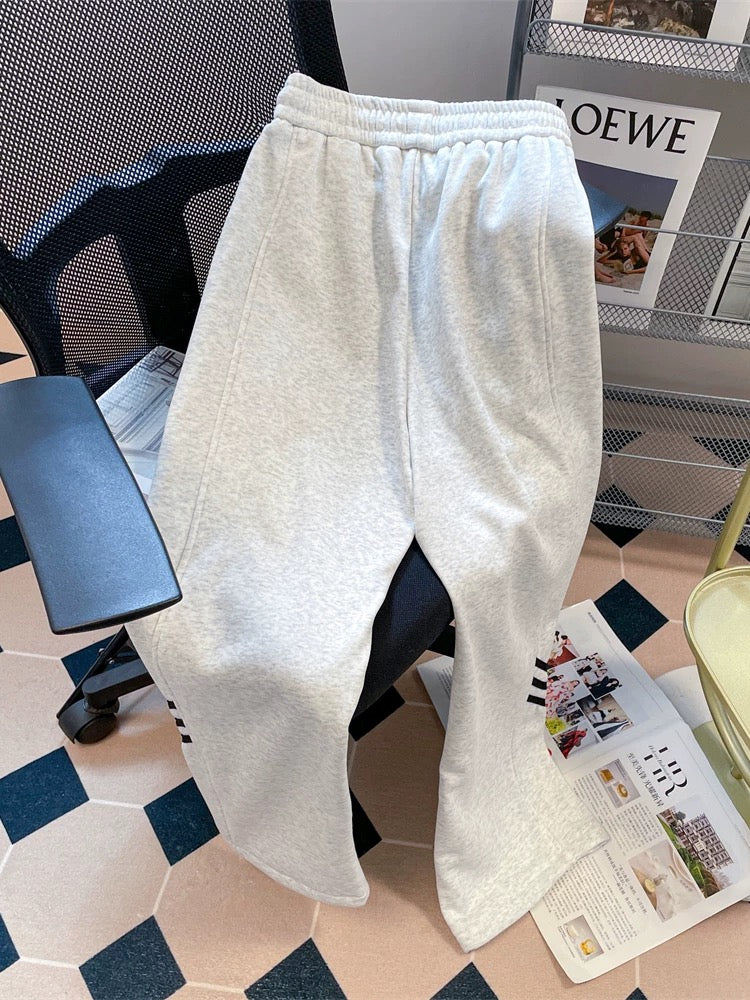 American gray cotton sports casual striped leggings sweatpants for women in autumn and winter loose straight plus velvet wide-leg trousers