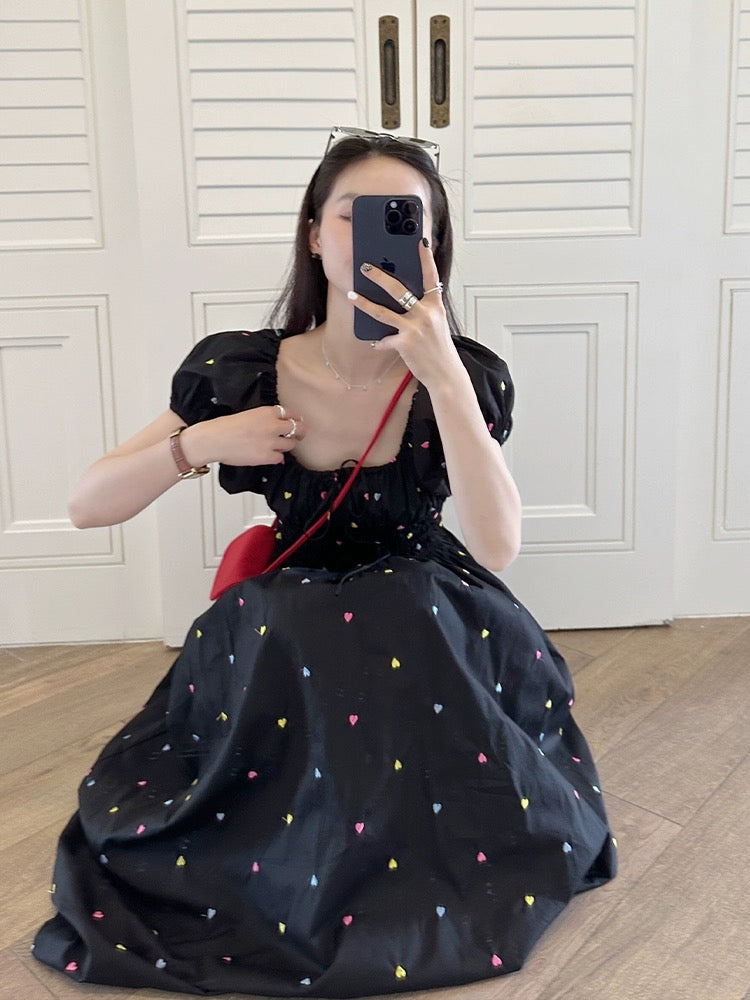 Jin Suyi Colorful Embroidered Waist Dress Women's 2024 Summer Slim Short Sleeve Puff Princess Dress Chic Skirt