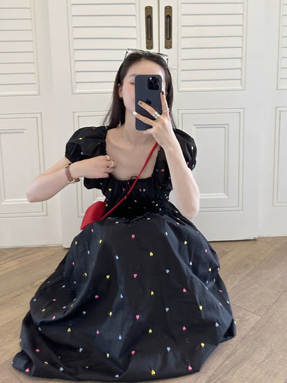 Jin Suyi Colorful Embroidered Waist Dress Women's 2024 Summer Slim Short Sleeve Puff Princess Dress Chic Skirt