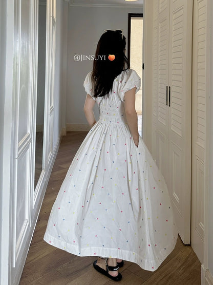 Jin Suyi Colorful Embroidered Waist Dress Women's 2024 Summer Slim Short Sleeve Puff Princess Dress Chic Skirt