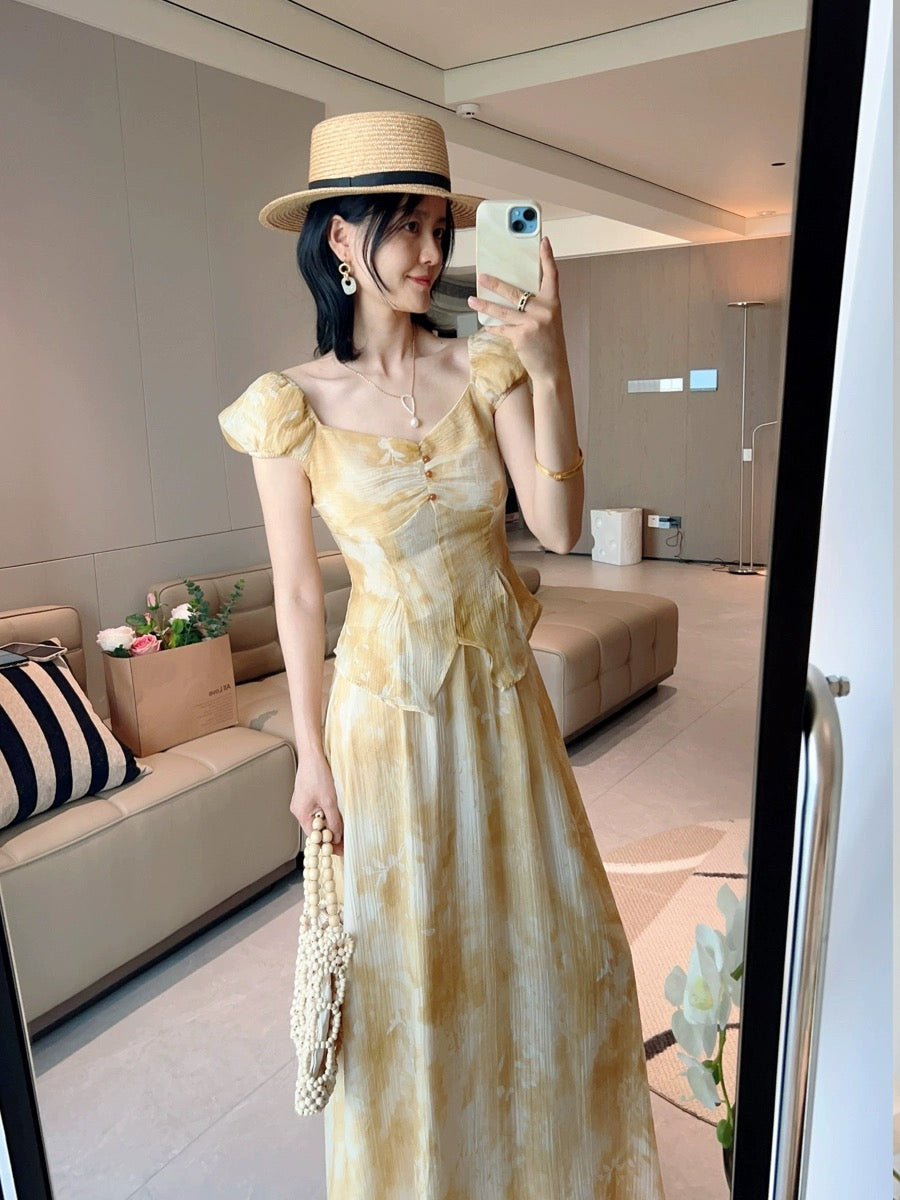 French retro square collar yellow floral waist top and skirt suit for women summer new short-sleeved skirt