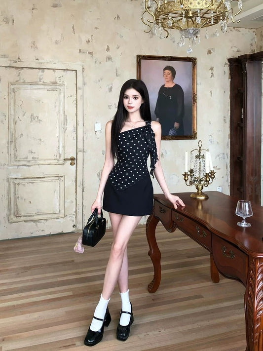 Illustration of WAHJU Oxygen Galaxy Slim Fit Atmosphere Off-shoulder Polka Dot Irregular Top Women's Summer Skirt