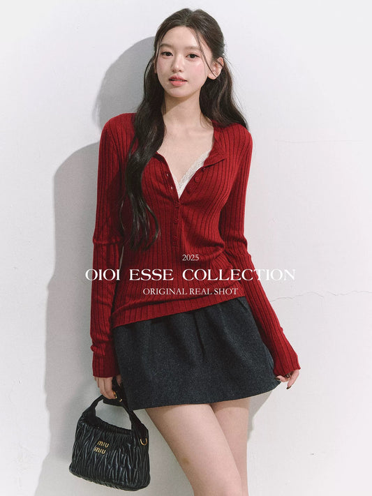 OIOI ESSE｜Autumn/Winter Henley Collar Button-Down Ribbed Knit Sweater for Women: Comfortable, Slimming, and Versatile Base Layer