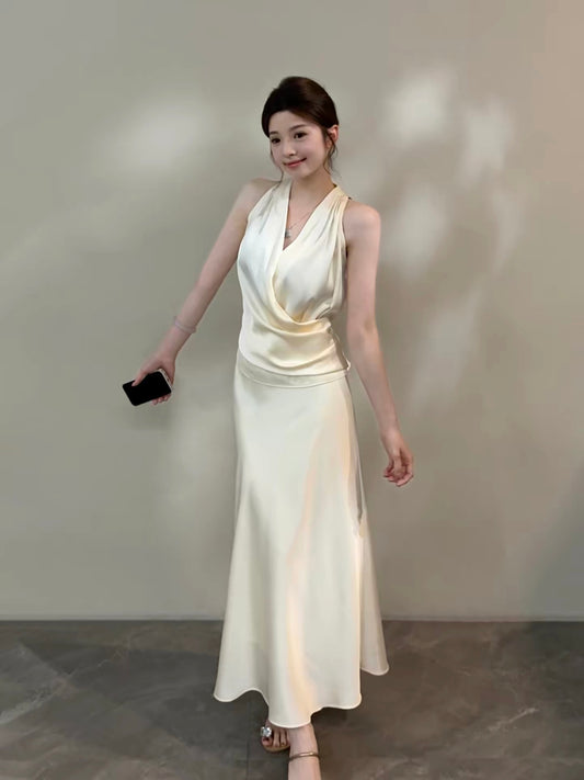 Songsong Summer New Gentle and Elegant Tie-Waist Halter Neck Light Luxury Top and Skirt Set DT2070