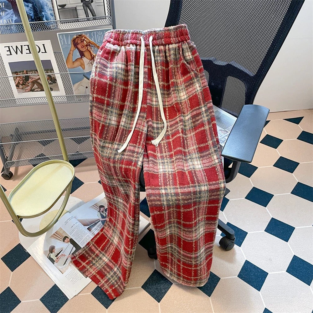 American high-end velvet and thickened woolen plaid trousers for men and women in autumn and winter niche straight casual wide-leg floor mopping trousers