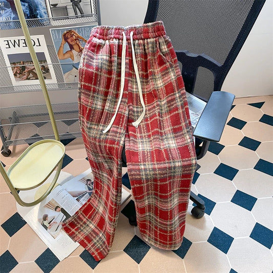 American high-end velvet and thickened woolen plaid trousers for men and women in autumn and winter niche straight casual wide-leg floor mopping trousers