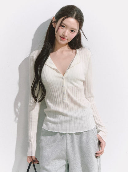OIOI ESSE｜Autumn/Winter Henley Collar Button-Down Ribbed Knit Sweater for Women: Comfortable, Slimming, and Versatile Base Layer